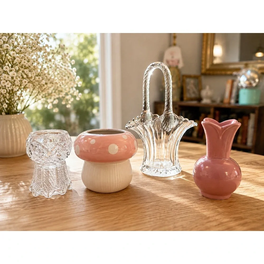 Vintage Pink Mushroom Jar Glass Basket Tulip Vase Crystal Decor Lot 4pc Whimsy